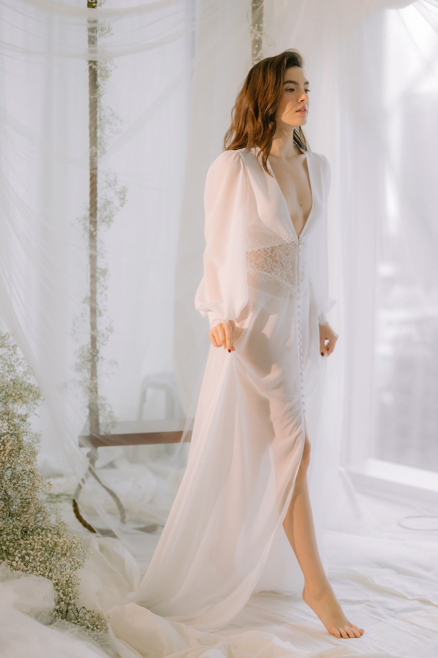 Silk Chiffon Dressing Robe with Corded Lace Silk Chiffon Dressing Robe with Corded Lace