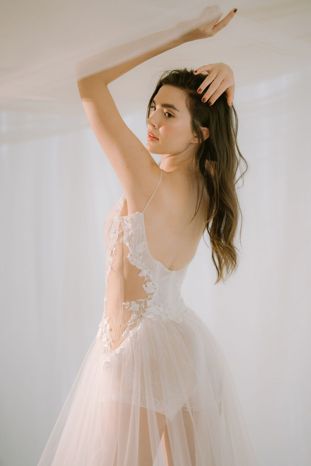 Bustier Lace Onesie with Long Tulle Over Skirt