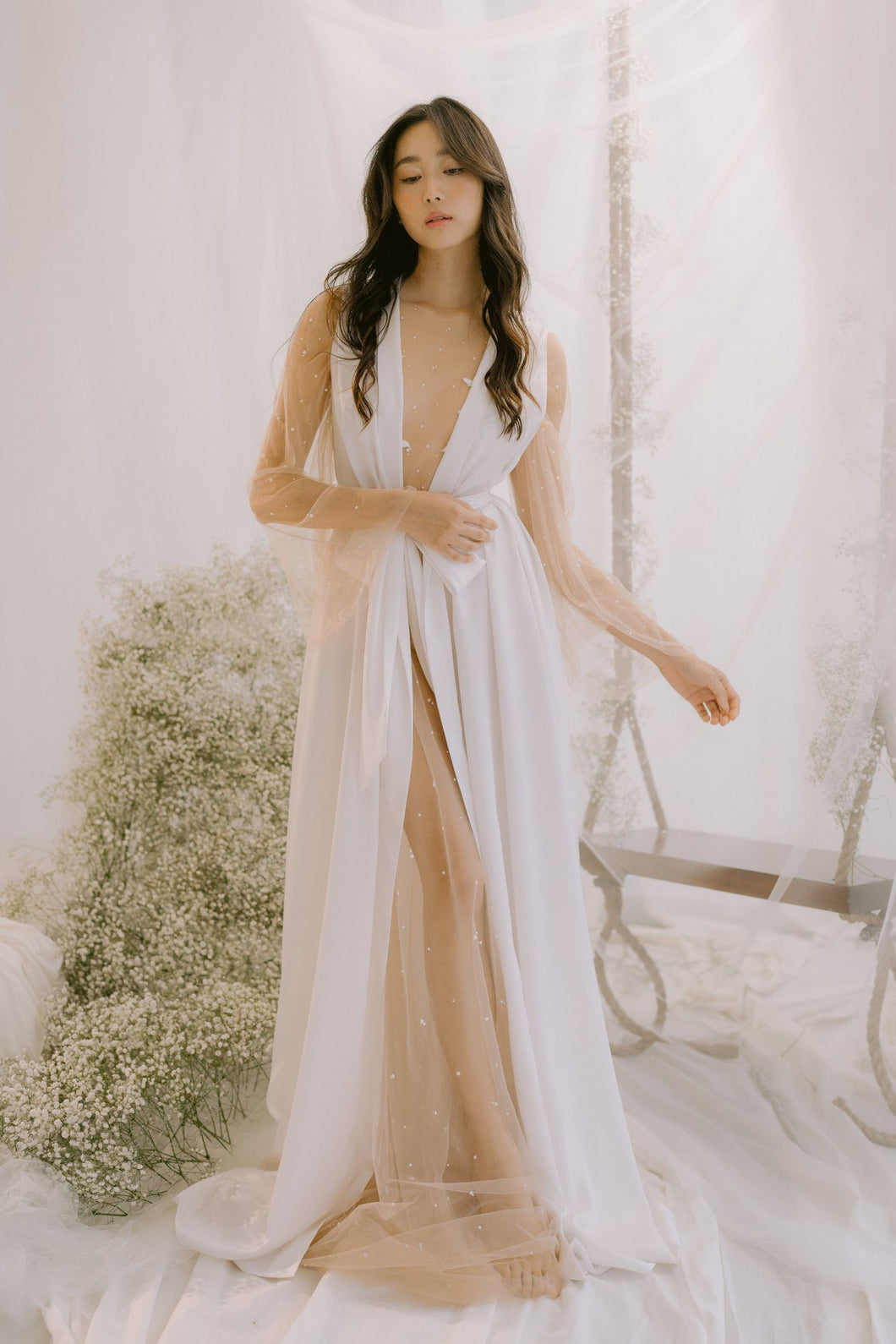 Sheer Pearl Tulle Dress with Silk Robe Set